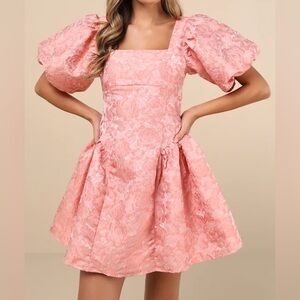Sister Jane Recital Pink Jacquard Floral Puff Sleeve Mini Dress